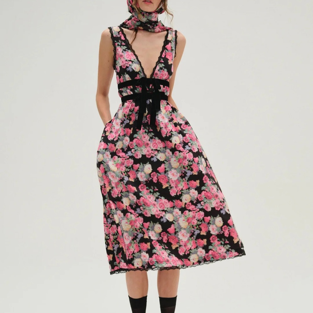 For Love And Lemons Floral Midi Dress - Black and Pink